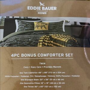 NWT Eddie Bauer Camo Signature Stipe Walking Bear 4pc Comforter Set - Twin